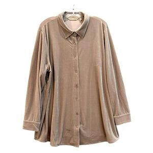Soft Surroundings 2X Velvet Tunic Button Up Oversize Shirt Beige Tan Sparkle